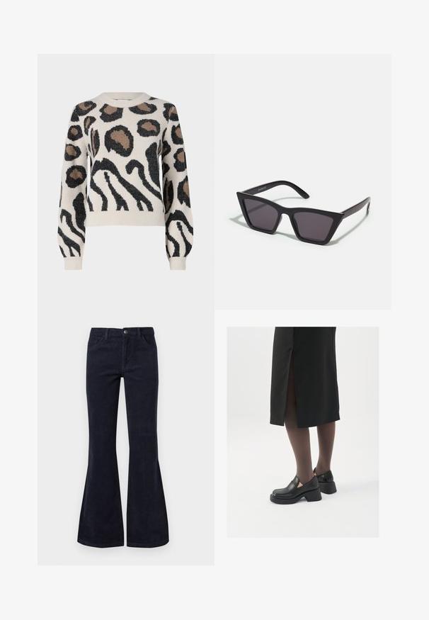 JDY LORRAINE - Džemperis - cement; Plati tamsiai mėlynos aksominės kelnės su aukštu liemeniu, penkiomis kišenėmis ir mygtukų užsegimu; jos pasižymi minkšta tekstūra ir rifliuotu paviršiaus raštu.; Juodos odinės bateliai su apvaliu nosiu, stora blokine pakulne ir elastingais šonais, derinami su tamsiomis pėdkelnėmis ir juoda sijonu su plyšiu.; Juodos, kampuotos saulės akinios su pilkais stiklais; pagaminti iš plastiko, su storomis šakėmis, turinčiomis lygų paviršių ir be matomų detalių.; Sidabrinės pusmėnulio auskarai minimalistiniu dizainu. Apskritimo forma, lygus paviršius ir plonas profilis. Lengvi su poliruotu apdailu.