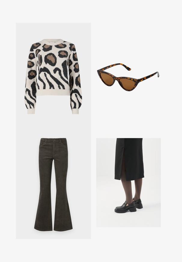 JDY LORRAINE - Trui - cement; Uitlopende corduroy broek in donkergroen, voorzien van een knoop- en ritssluiting, vijf zakken en een subtiele ribbelstructuur.; Zwarte leren schoenen met een ronde neus, dikke blokhak en elastische zijkanten, gecombineerd met donkere panty's en een zwarte rok met een split.; Cat-eye zonnebril met een zwart en oranje schildpadframe, bruine lenzen en slanke, puntige uiteinden. Bevat een minimalistisch logo op de poot.