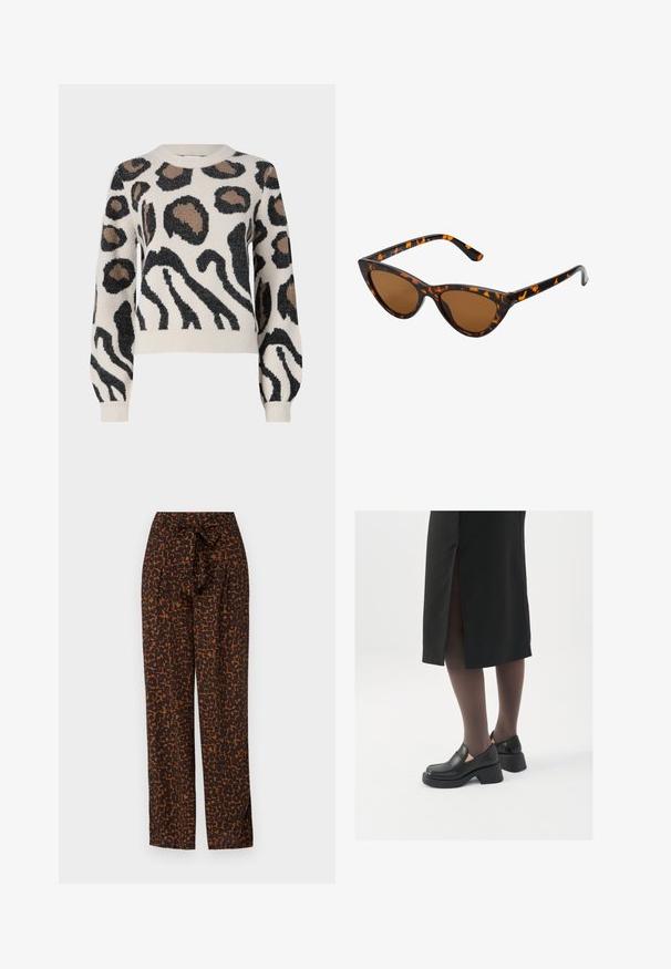 JDY LORRAINE szary; Brązowe i pomarańczowe spodnie w wzory z krawatem, szerokie nogawki, gładki materiał, z teksturą abstrakcyjnego wzoru w lamparcie cętki.; Czarne skórzane buty z okrągłym noskiem, grubym blokowym obcasem i elastycznymi akcentami po bokach, zestawione z ciemnymi rajstopami i czarną spódnicą z rozcięciem.; Okulary przeciwsłoneczne w kształcie kocich oczu z czarno-pomarańczową oprawą w deseń żółwia, brązowymi soczewkami i eleganckimi, spiczastymi końcówkami. Posiadają minimalistyczne logo na zauszniku.