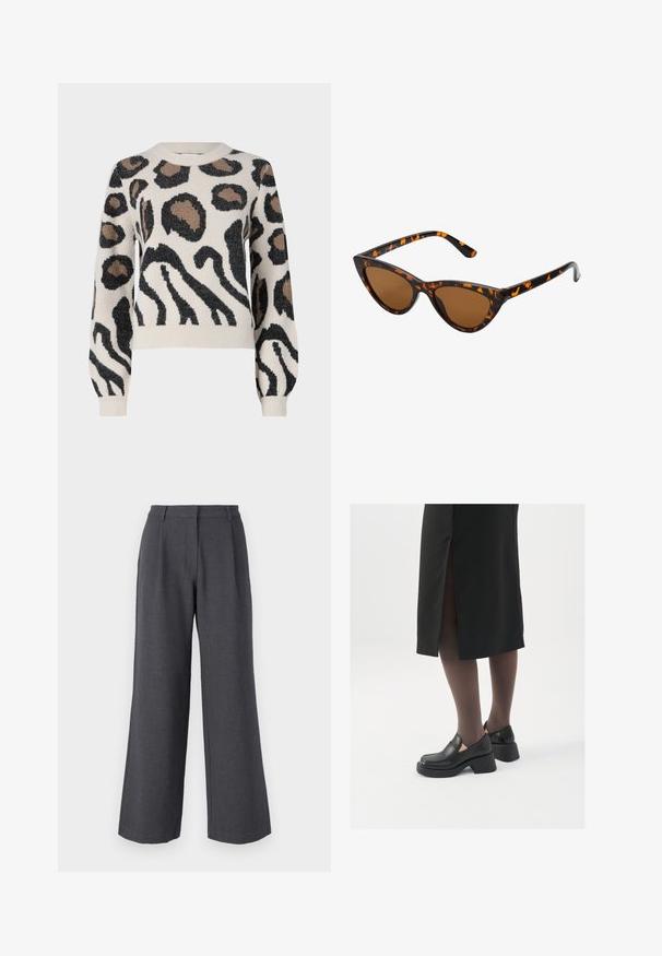 JDY LORRAINE - Strickpullover - cement; Graue weit geschnittene Hose aus strukturiertem Stoff, mit Frontfalten, einem taillierten Bund und einem sauberen Abschluss am Knöchel.; Schwarze Lederschuhe mit abgerundetem Zeh, dicker Blockabsatz und elastischen seitlichen Akzenten, kombiniert mit dunklen Strumpfhosen und einem schwarzen Rock mit Schlitz.; Katzenaugen-Sonnenbrille mit einem schwarz-orangenen Schildpattrahmen, braunen Gläsern und schlanken, spitzen Enden. Verfügt über ein minimalistisches Logo am Bügel.