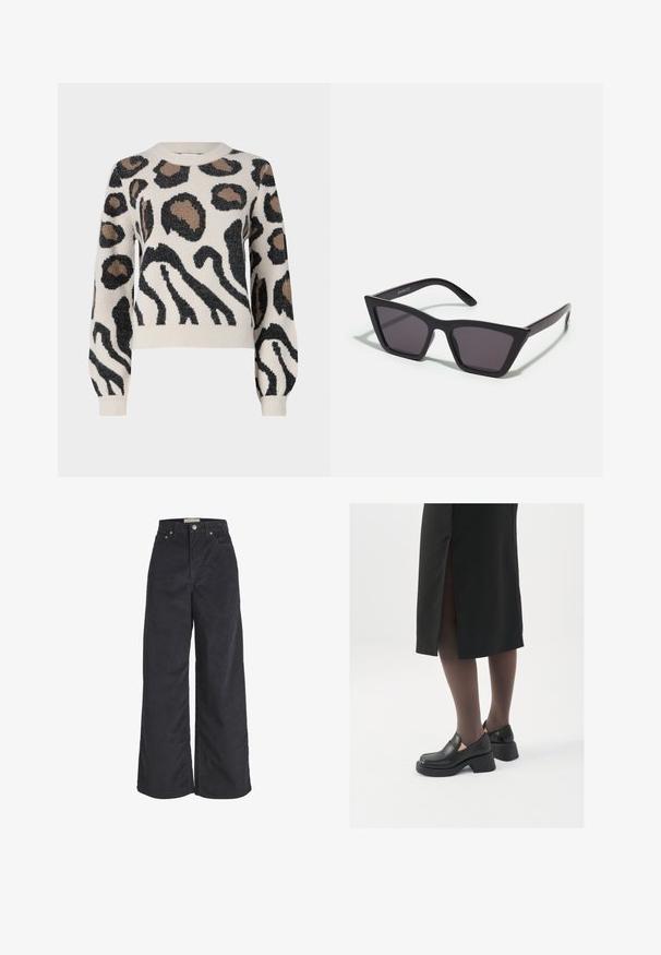 JDY LORRAINE - Striktrøje - cement; Sorte fløjls-bredbenede bukser med høj talje, frontknaplukning og to sidelommer. Blød tekstur og lige silhuet.; Sorte lædersko med rund tå, kraftig blokhæl og elastiske sideaccentuer, parret med mørke strømpebukser og en sort nederdel med slids.; Sorte, kantede solbriller med grå linser; lavet af plast, med tykke stænger med en glat overflade og ingen synlig hardware.