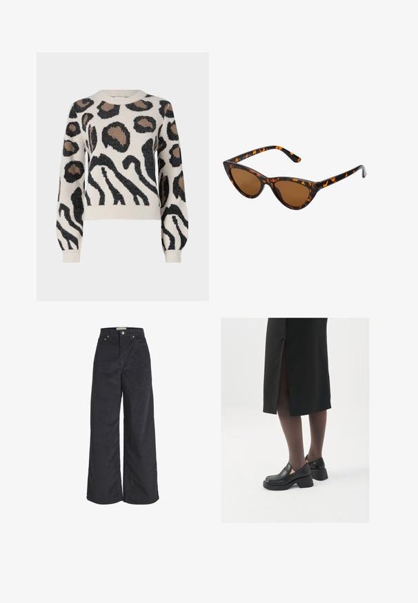 JDY LORRAINE - Jersey de punto - cement; Pantalones de pana negros de pierna ancha con cintura alta, cierre frontal de botones y dos bolsillos laterales. Textura suave y silueta recta.; Zapatos de piel negra con punta redondeada, tacón grueso y bloque, y acentos elásticos en los laterales, combinados con unos pantys oscuros y una falda negra con una abertura.; Gafas de sol estilo ojo de gato con montura de carey negra y naranja, lentes marrones y puntas elegantes y afiladas. Presenta un logo minimalista en la patilla.