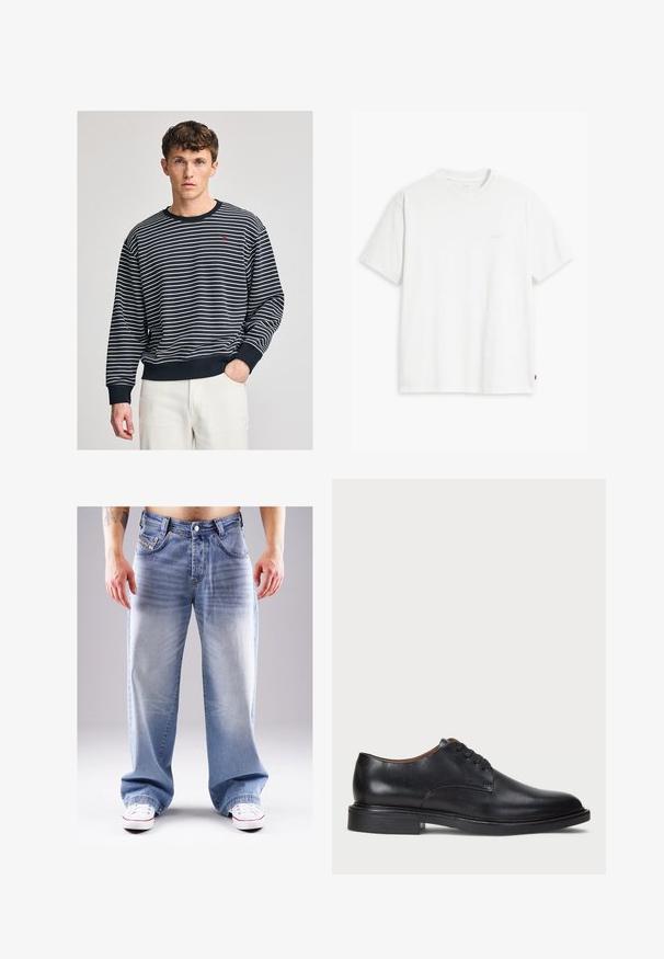 Navy and white striped sweatshirt with ribbed cuffs and neckline. Features a small red logo on the chest. Soft cotton material.; White cotton t-shirt with short sleeves, crew neck, and subtle Levi's logo printed in the center. Soft texture and standard fit.; Light blue, baggy denim jeans with a faded wash, featuring five pockets, copper rivets, and a button closure at the waistband.; Black leather dress shoe with a round toe, lace-up design, and a low stacked heel. Smooth texture with minimal stitching details.