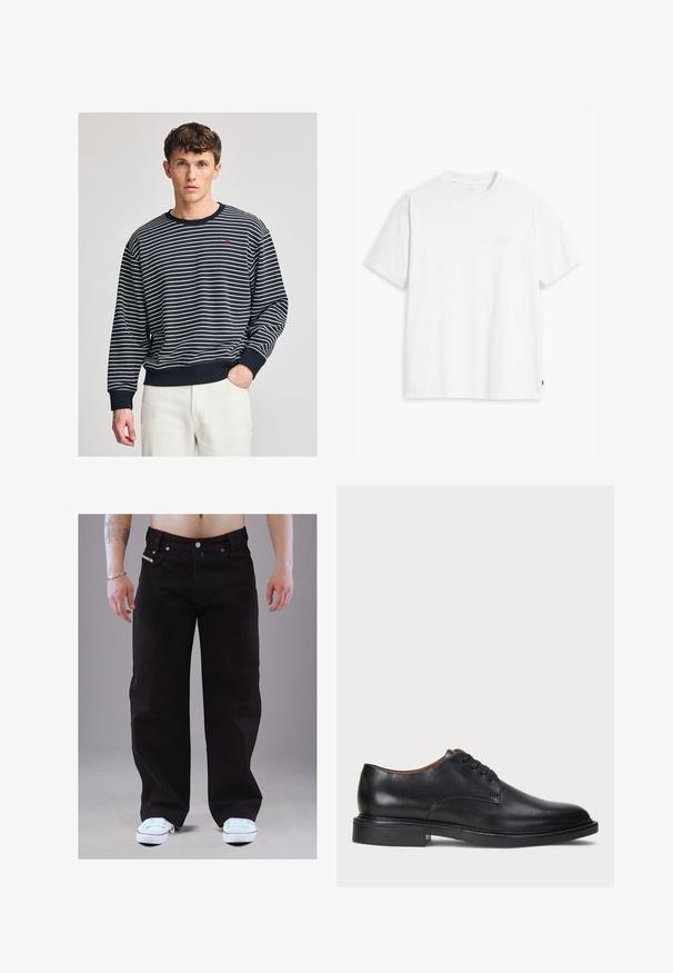 Navy and white striped sweatshirt with ribbed cuffs and neckline. Features a small red logo on the chest. Soft cotton material.; White cotton t-shirt with short sleeves, crew neck, and subtle Levi's logo printed in the center. Soft texture and standard fit.; Black denim pants with a straight-leg design, five pockets, metal button closure, and visible stitching. Paired with white sneakers.; Black leather dress shoe with a round toe, lace-up design, and a low stacked heel. Smooth texture with minimal stitching details.