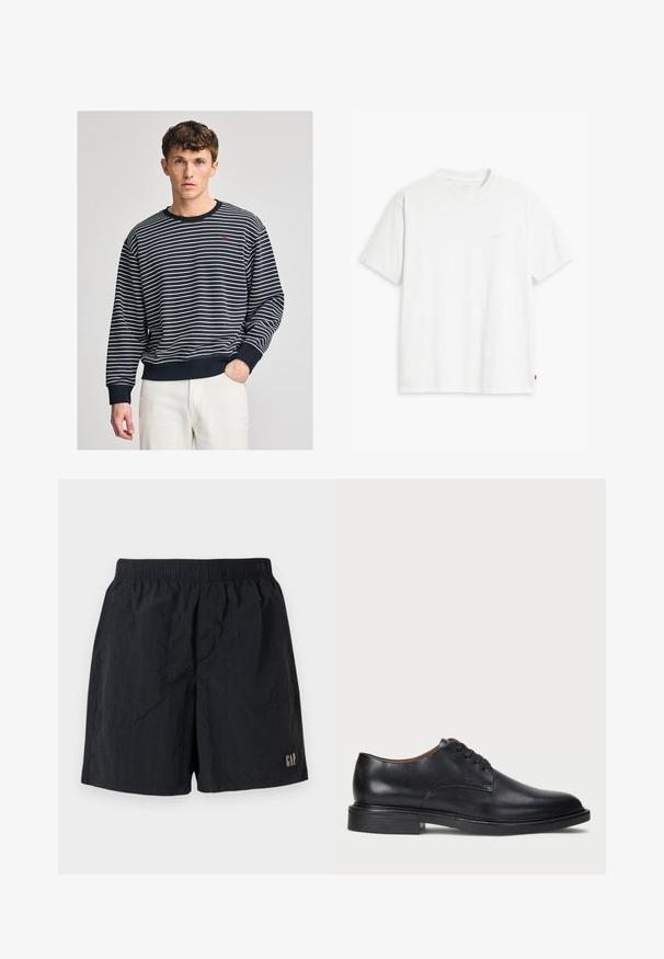 Mørkeblå og hvid stribet sweatshirt med ribbede manchetter og halsudskæring. Har et lille rødt logo på brystet. Blødt bomuldsstof.; Hvid bomulds T-shirt med korte ærmer, rund hals og en diskret Levi's logo trykt i midten. Blød tekstur og standard pasform.; Sorte shorts med elastisk talje, med et logomærke nederst til højre, lavet af letvægtsstof med en krøllet tekstur.; Sorte læder dress sko med rund tå, snørelukning og en lav stablet hæl. Glat tekstur med minimale syningsdetaljer.