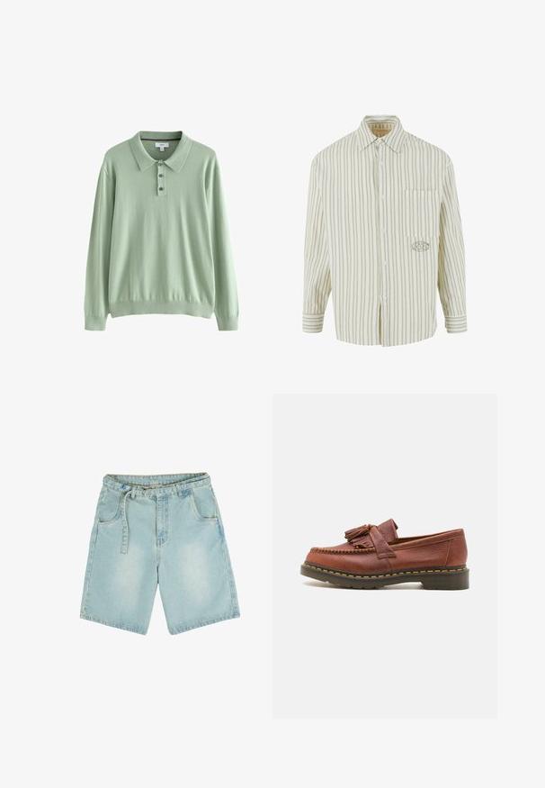 Svetlozeleno dolg rokav polo pulover iz mehkega materiala. Ima ovratnik in zapenjanje na tri gumbe. Krojene manšete in rob.; Svetlo zelena in bela črtasta srajca z gumbi spredaj, žepom na prsih in izšitim logotipom na levi strani. Iz bombažnega materiala, dolgi rokavi.; Svetlo modri jeans kratke hlače s ravnim krojem, petimi žepi, zankami za pas in zbledelim izgledom. Narejene iz trdnega bombažnega materiala.; Rjavi usnjeni mokasin s dodatki v obliki resic, teksturirana površina in kontrastne rumene šive ob črnem gumenem podplatu. Stranska perspektiva.