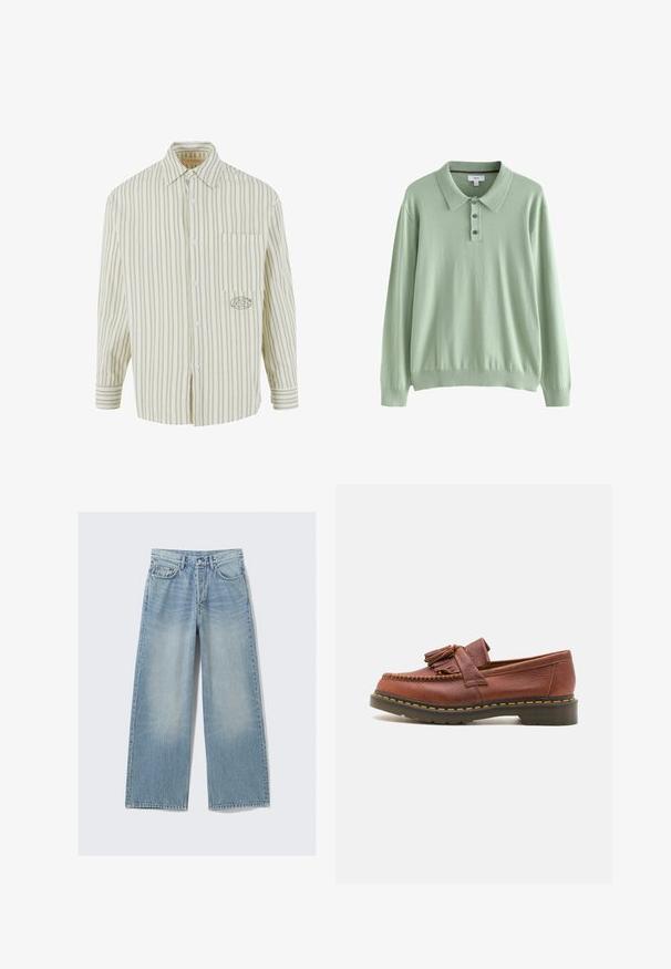 Lysegrøn langærmet polo-sweater lavet af blødt stof. Har en krave og en tre-knaps placket. Ribbrug ved ærmerne og kanten.; Lysegrøn og hvid stribet skjorte med knaplukning foran, en brystlomme og broderet logo på venstre side. Fremstillet i bomuldsmateriale, lange ærmer.; Lyseblå vide denimjeans med en falmet vask, fem lommer og metalnitter; lige silhuet med en ren kant.; Brune læder mokkasiner med frynseakkenter, tekstureret overflade og kontrasterende gul syning langs den sorte gummisål. Sidevinkel.