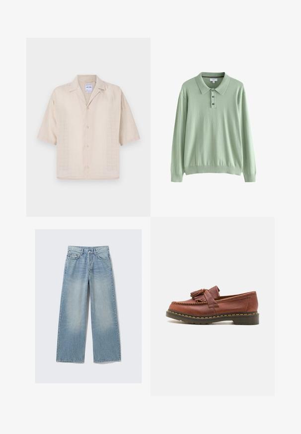 Világos zöld, hosszú ujjú póló pulóver puha anyagból. Kerek nyakkivágással és három gombos gallérral rendelkezik. Ribbelttel díszített mandzsetta és alja.; Rövid ujjú, bézs színű gombos ing, rácsos mintával, puha anyaggal és kivágott gallérral. Könnyű anyagból készült.; Fénykék széles lábú farmernadrág, elhasználódott mosással, öt zsebbel és fémbetétekkel; egyenes sziluett, tiszta szegéllyel.; Barna bőr mokaszin, rojtos díszítéssel, texturált felülettel és kontrasztos sárga varrással a fekete gumitalpon. Oldalnézet.