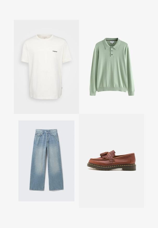 Hele roheline pika varrukaga polo-sviiter, mis on valmistatud pehmest kangast. Omab kraega kaelust ja kolme nupuga painde. Ribistatud mansetid ja allserv.; Valge puuvillane T-särk lühikeste varrukatega, ümmarguse kaelusega ja musta "Originals" tekstiga esiküljel vasakul. Pehme tekstuur ja sirge lõige.; Heledad sinised laiad denim püksid, mis on saanud kulumise tõttu heledama pesu, viie tasku ja metallnööbiga; sirge siluett puhta äärega.; Pruunist nahast mokassiind, millel on pompooni aksessuaarid, tekstureeritud pind ja kontrastne kollane õmblus musta kummitald alusel. Küljepilt.