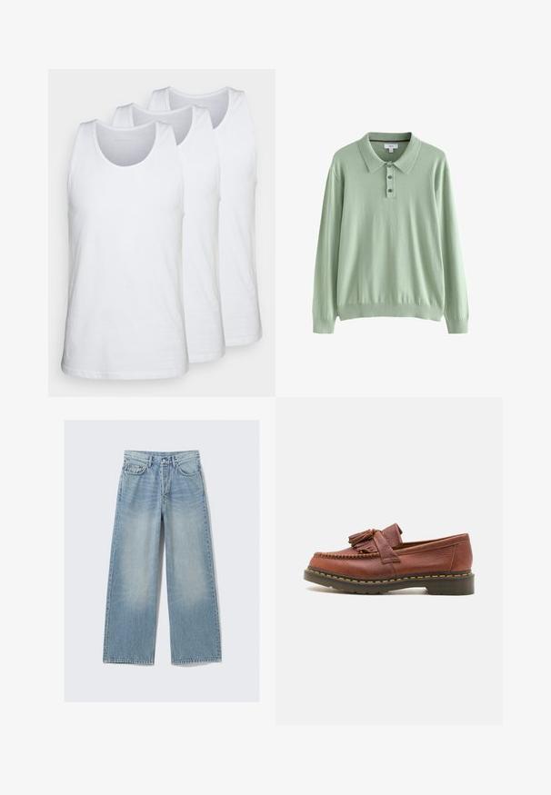 Maglione polo a maniche lunghe di colore verde chiaro, realizzato in tessuto morbido. Ha un colletto e una chiusura a tre bottoni. Maniche a costine e bordo inferiore a costine.; Pacco di tre canottiere bianche in cotone, con scollatura rotonda e design senza maniche, superficie liscia e vestibilità standard.; Jeans in denim azzurro chiaro a gamba larga, caratterizzati da un effetto sbiadito, cinque tasche e rivetti in metallo; silhouette dritta con orlo pulito.; Mocassino in pelle marrone con dettagli in frange, superficie testurizzata e cuciture gialle in contrasto lungo la suola in gomma nera. Vista laterale.