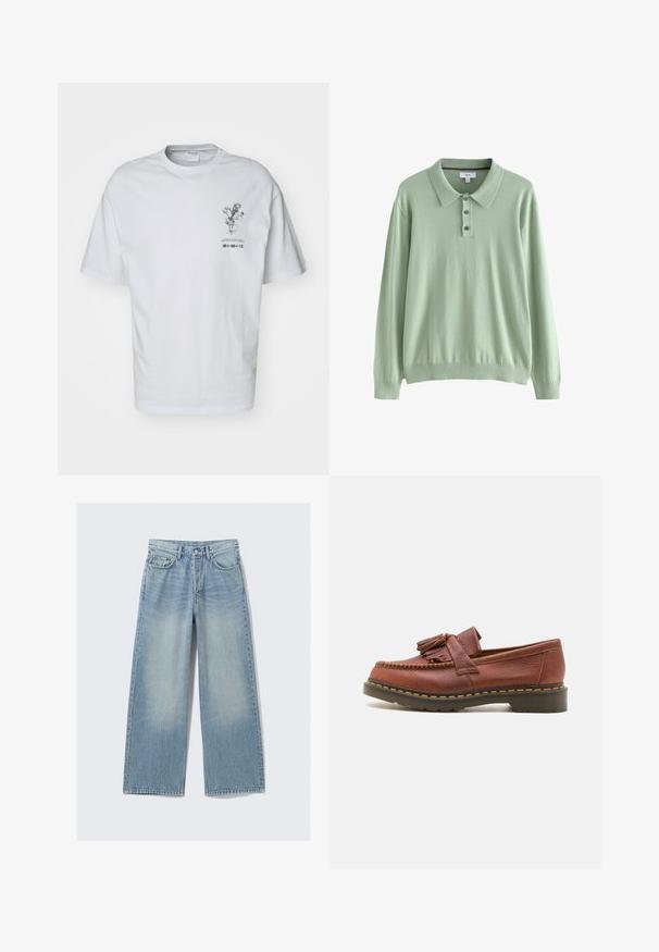 Šviesiai žalia ilgas rankoves polo megztinis, pagamintas iš švelnaus audinio. Sukurtas su apykakle ir trimis sagomis. Raibota rankogaliai ir apačia.; Balta medvilninė marškinėliai trumpomis rankovėmis, su priekinioje dalyje esančiu gėlių dizaino grafiniu atvaizdu ir tekstiniais detalėmis po iliustracija.; Šviesiai mėlynos plačios kojų džinsinės kelnės su išblukusiu skalbimu, penkiais kišeniais ir metaliniais akcentais; tiesi siluetą su tvarkingu apvadu.; Rudos odinės mokasinai su pakabukų akcentais, tekstūruota paviršius ir kontrastuojančios geltonos siūlės palei juodą gumos pada.