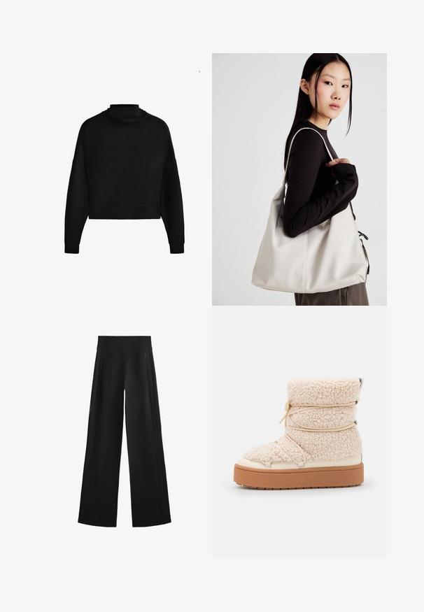Black long-sleeve cropped sweatshirt with a high collar and ribbed cuffs, displayed on a white background.; Wide-leg black pants made of a soft fabric, featuring a high waistband and two zippered pockets, with subtle seams along the sides.; Chunky cream shearling ankle boot with a textured finish, elastic details, and a thick brown platform sole. Silver hardware accents present.; Beige handbag made of soft material, featuring a slouchy design, stitched detailing, and two shoulder straps. Suitable for everyday use.