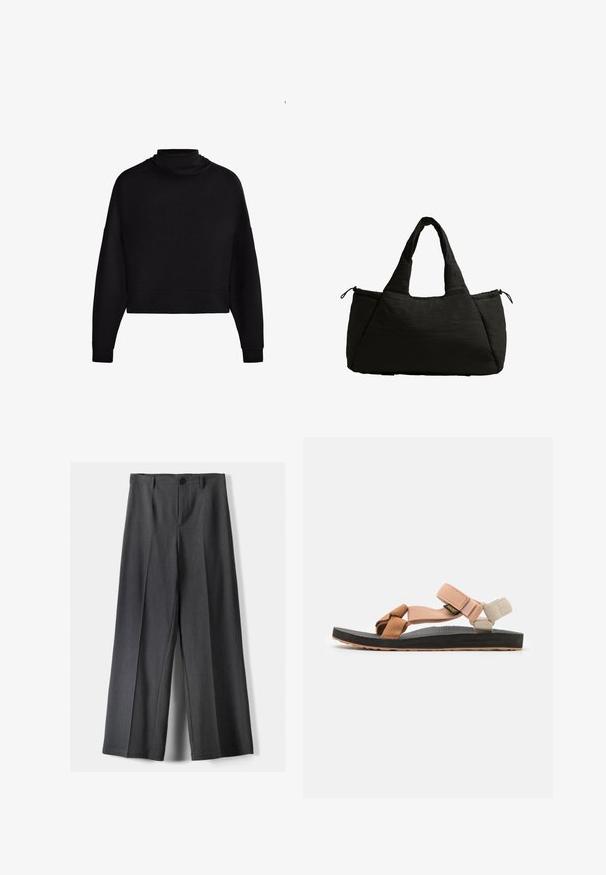 Black long-sleeve cropped sweatshirt with a high collar and ribbed cuffs, displayed on a white background.; Wide-leg trousers in dark grey fabric, featuring a button closure, front pleats, and belt loops. Smooth texture with a tailored design.; Footwear: flat sandals with adjustable straps in peach, tan, and cream. Rubber sole with textured surface, brown accents, and black base.; Black tote bag with a puffy texture, featuring two short handles and a side pocket secured with a drawstring. Simple, angular design.
