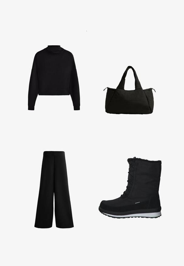 Sweatshirt noir à manches longues, cropped, avec un col montant et des poignets côtelés, présenté sur un fond blanc.; Pantalon noir à jambes larges en tissu doux. Caractérisé par une taille haute et une texture lisse avec des lignes épurées, offrant une coupe ample et décontractée.; CMP HARMA SNOW WP - Bottes de neige - schwarz; Sac fourre-tout noir avec une texture moelleuse, doté de deux poignées courtes et d'une poche latérale sécurisée par un cordon de serrage. Design simple et angulaire.