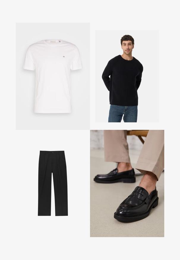 Zwarte ribbeltrui met een ronde halslijn en een ontspannen pasvorm. Zachte textuur, lange mouwen, gecombineerd met een blauwe spijkerbroek.; Witte katoenen T-shirt met een ronde hals, korte mouwen en een klein geborduurd logo op de borst. Zachte structuur, eenvoudig ontwerp.; Zwarte broeken met een recht model, gemaakt van een gladde stof. Voorzien van een voorplooien en een enkele knoopsluiting bij de taille.; Zwarte leren loafers met een gladde afwerking, voorzien van een decoratieve band en contrasterende stiksels, gecombineerd met beige broeken.