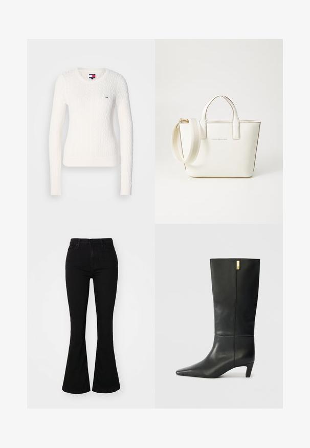 Vit kabelstickad tröja med långa ärmar, rund halsringning och ribbad nederkant. Har en liten logotyp på bröstet.; Svarta utsvängda jeans i denim, med hög midja och en tight passform vid överbenet som gradvis blir bredare från knäet till nederkanten.; Svarta läderknähöga stövlar med spetsig tå och låg klack. Har en elegant design med en guldfärgad detalj. Slät yta.; Vit faux läderhandväska med korta handtag, justerbar axelrem och guldfärgad detalj; har en diskret logotyp på framsidan.