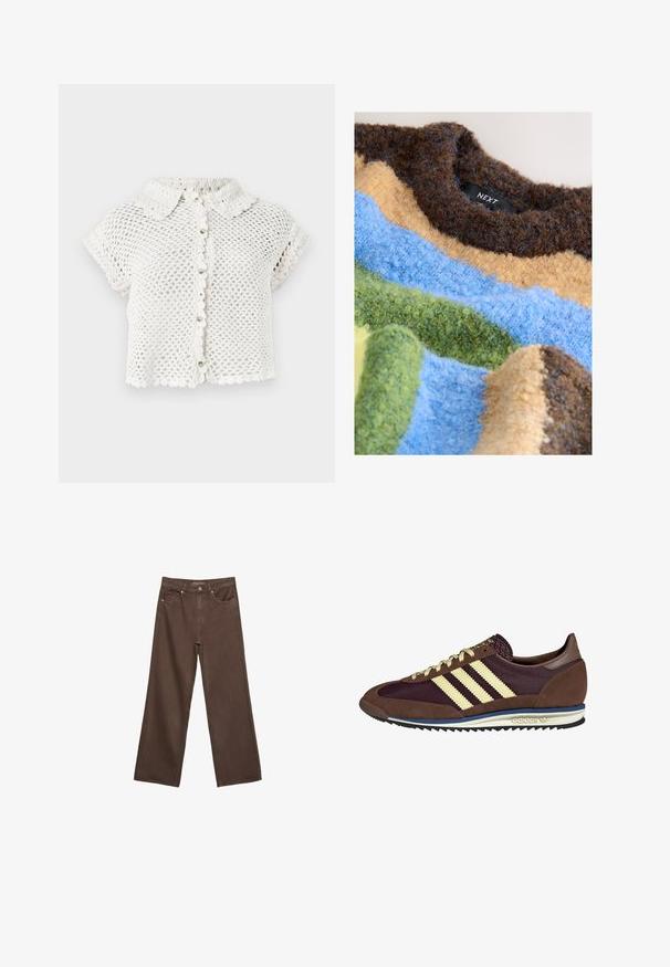 Texturovaný svetr s vodorovnými pruhy v hnědých, modrých, žlutých a zelených odstínech, vyrobený z chlupatých přízí. Viditelná značka značky.; Bílá háčkovaná blůza s krátkým rukávem, se zvlněným límcem a zapínáním na knoflíky, které připomínají perly. Strukturovaný design s otevřeným pletením.; Hnědé džíny s širokými nohavicemi vyrobené z denimu, s vysokým pasem, předními kapsami a klasickým zapínáním na knoflík. Hladká textura s jemným švem.; Hnědé a burgundské tenisky z semiše a síťoviny, s třemi krémovými pruhy, texturovaným materiálem na jazyku a gumovou podrážkou.