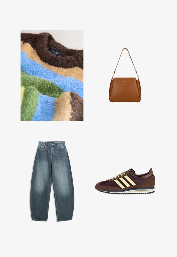 Texturovaný svetr s vodorovnými pruhy v hnědých, modrých, žlutých a zelených odstínech, vyrobený z chlupatých přízí. Viditelná značka značky.; Světle modré denimové široké kalhoty mají vysoký pas, pět kapes, mírné vyblednutí a švy zdobené prošíváním.; Hnědé a burgundské tenisky z semiše a síťoviny, s třemi krémovými pruhy, texturovaným materiálem na jazyku a gumovou podrážkou.; Hnědá kožená kabelka s texturovaným povrchem, s jedním ramenním popruhem a decentním logem na přední straně. Disponuje strukturovaným designem.