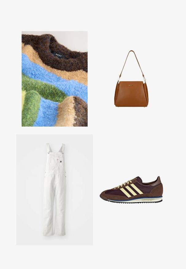 Textured sweater featuring horizontal stripes in brown, blue, yellow, and green hues, constructed from fuzzy yarn. Brand label visible.; White cotton overalls with adjustable straps, front pocket, and side buttons; loose fit with straight legs; minimal visible stitching.; Brown and burgundy sneaker with suede and mesh materials, featuring three cream stripes, textured fabric on the tongue, and a rubber sole.; Brown leather handbag with a textured surface, a single shoulder strap, and a subtle logo on the front. Features a structured design.