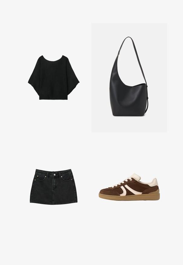 Crna pletena majica s širokim rukavima, izrezom u obliku suze i opuštenim krojem. Tkanina ima rebrastu teksturu, bez kopčanja ili uzoraka.; Crna traper mini suknja s prednjim gumbom, peteljkama i dva prednja džepa s bakrenim zakovicama, položena ravno na bijeloj pozadini.; Smeđe nubuk tenisice s krem akcentima, zaobljenim prstom, vezanjem sprijeda i teksturiranim gumenim potplatom. Logotip sa strane u kontrastnoj boji.; Crna kožna hobo torba s glatkom teksturom, zakrivljenim oblikom i jednom podesivom trakicom; ima širok otvor na vrhu.
