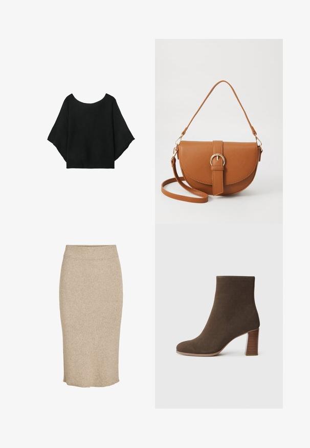 Svart stickad topp med vida ärmar, rundad halsringning och avslappnad passform. Tyget har en ribbad textur, utan knappar eller mönster.; Kjol i ljus beiget färg med vertikal ribbad textur, knälång med ett elastiskt midjeband och rak skärning.; Brun mockaskinns ankelboot med rund tås och en staplad, texturerad klack. Slät yta utan synliga knäppningar eller dekorationer.; Brun läder crossbody-väska med en böjd form, gyllene detaljer och en spänneaccent. Har en avtagbar axelrem.
