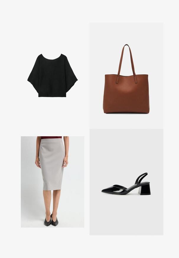 Schwarzes gestricktes Oberteil mit weit geschnittenen Ärmeln, einem runden Halsausschnitt und einer lockeren Passform. Der Stoff hat eine gerippte Textur, ohne Verschlüsse oder Muster.; Frau in einem knielangen, hellgrauen Bleistiftrock, burgunderrotem Oberteil und schwarzen spitz zulaufenden Pumps, die vor einem schlichten weißen Hintergrund steht.; Schwarze Lackleder-Slingback-High Heels mit spitzem Schuh und einem geometrischen Blockabsatz. Verfügt über ein schlankes, minimalistisches Design und eine glatte Textur.; Braune Leder-Tote mit glatter Textur, offenem Oberteil und zwei Schulterriemen. Verfügt über minimale Nähte und keine sichtbaren Beschläge.