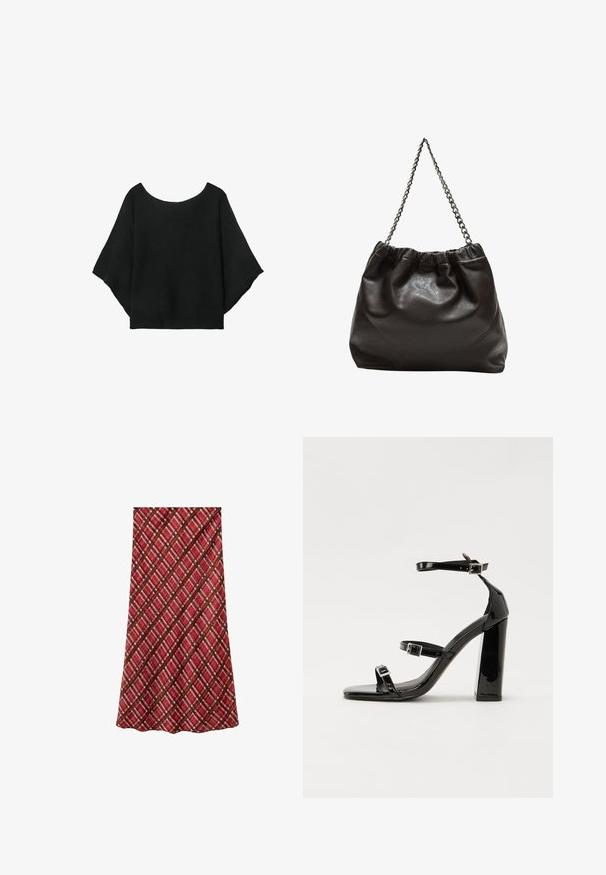 Svart stickad topp med vida ärmar, rundad halsringning och avslappnad passform. Tyget har en ribbad textur, utan knappar eller mönster.; Mango A-linjekjol - bordeaux; Svarta lackerade klacksandaler med fyrkantig tå, ankelremmar och silverfärgade spännen. Har en kraftig blockklack för stabilitet.; Brun läderväska med rynkad topp och kedjesnodd. Slät textur med en blankslipad yta och subtila sömdetaljer på sidorna.