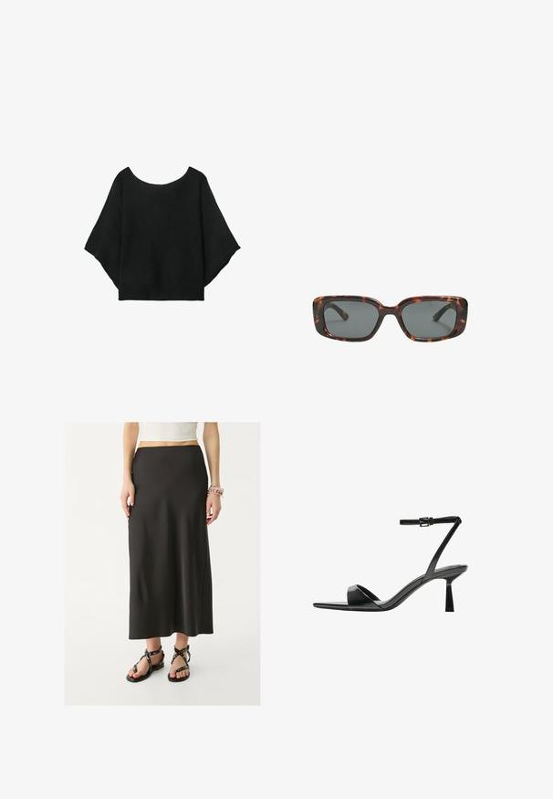 Czarna dzianinowa bluzka z szerokimi rękawami, okrągłym dekoltem i luźnym krojem. Tkanina ma prążkowaną fakturę, bez zapięć lub wzorów.; Czarna spódnica do ziemi wykonana z gładkiego materiału, z dopasowaną talią. Noszona z czarnymi sandałami na paski z metalowymi akcentami.; Bershka - Sandały na obcasie; Okulary przeciwsłoneczne w kratkę w kształcie prostokątnym, z grubymi oprawkami i ciemnymi szkłami. Gładka faktura i minimalistyczny design.