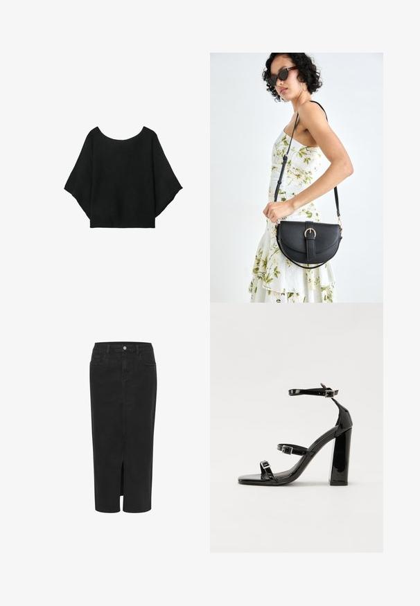 Haut en tricot noir avec des manches larges, un décolleté rond et une coupe décontractée. Le tissu a une texture côtelée, sans fermetures ni motifs.; Jupe midi en denim noir avec fente frontale, coupe droite, cinq poches, fermeture à bouton et passants de ceinture. Texture douce et design classique.; Sandales à talons hauts en cuir verni noir avec deux brides à boucles, bout carré et talon bloc épais, présentant une texture lisse et brillante.; Sac à main en cuir noir avec une forme courbée, bandoulière amovible et des accessoires en or. Le sac est doté d'un rabat avec un détail de boucle.