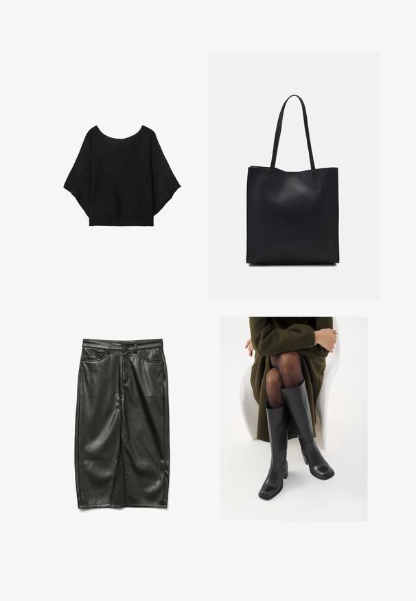 Czarna dzianinowa bluzka z szerokimi rękawami, okrągłym dekoltem i luźnym krojem. Tkanina ma prążkowaną fakturę, bez zapięć lub wzorów.; Czarna skórzana spódnica o dopasowanym kroju, z przednimi kieszeniami i rozcięciem z przodu, charakteryzująca się gładką fakturą i eleganckim wykończeniem.; Kozaki skórzane do kolan w kolorze czarnym, z kwadratowym noskiem i słupkowym obcasem, pokazane na modelce siedzącej w oliwkowej zielonej kurtce. Gładka tekstura, minimalne detale.; Czarna skórzana torba tote o gładkiej fakturze, prostokątnym kształcie i dwóch długich uchwytach. Brak widocznych elementów metalowych i ozdób.
