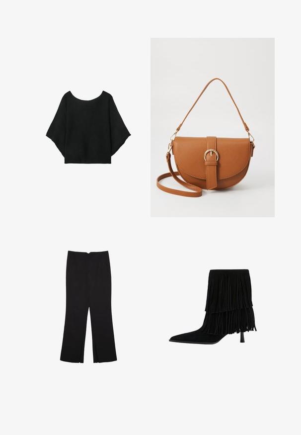 Schwarzes gestricktes Oberteil mit weit geschnittenen Ärmeln, einem runden Halsausschnitt und einer lockeren Passform. Der Stoff hat eine gerippte Textur, ohne Verschlüsse oder Muster.; Schwarze Hose mit geradem Schnitt, ausgestattet mit Fronttaschen und Seitenschlitzen am Saum. Hergestellt aus weichem, glattem Stoff. Geeignet für verschiedene Anlässe.; Schwarze Wildleder-Ankle-Boots mit einem geschichteten Fransen-Design, spitzem Zehenbereich und Stiletto-Absatz. Die Textur ist weich und das Finish erscheint glatt.; Braune Leder-Crossbody-Tasche mit geschwungener Form, goldfarbenen Beschlägen und einer Schnallenakzentuierung. Verfügt über einen abnehmbaren Schultergurt.