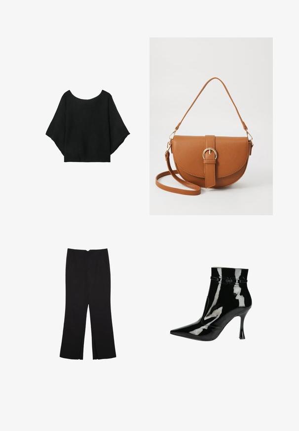 Top nero a maglia con maniche larghe, scollatura a girocollo e vestibilità morbida. Il tessuto ha una texture a coste, senza chiusure né motivi.; Pantaloni neri a gamba dritta, con tasche frontali e spacchi laterali all'orlo. Realizzati in tessuto morbido e liscio. Adatti a diverse occasioni.; Stivale alla caviglia in pelle verniciata nera con punta affusolata, finitura lucida, design elegante e tacco a stiletto sottile. Dettagli decorativi con fascette.; Borsa a tracolla in pelle marrone con forma curvata, hardware dorato e un dettaglio con fibbia. Presenta una tracolla rimovibile.