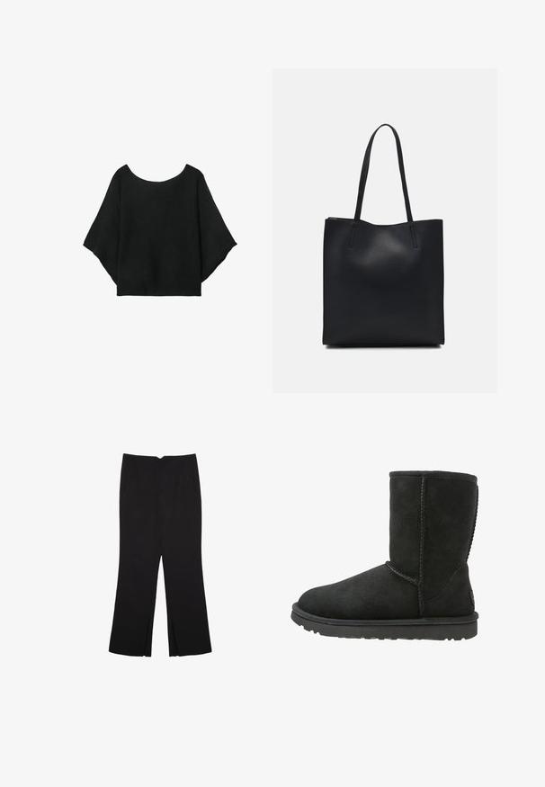 Top nero a maglia con maniche larghe, scollatura a girocollo e vestibilità morbida. Il tessuto ha una texture a coste, senza chiusure né motivi.; Pantaloni neri a gamba dritta, con tasche frontali e spacchi laterali all'orlo. Realizzati in tessuto morbido e liscio. Adatti a diverse occasioni.; Stivaletto nero in suede con punta tonda, cuciture a vista e suola in gomma piatta. Presenta un design semplice senza decorazioni.; Borsa tote in pelle nera con texture liscia, forma rettangolare e due manici lunghi. Nessun hardware o decorazione visibile.