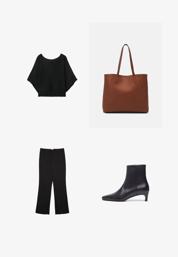 Haut en tricot noir avec des manches larges, un décolleté rond et une coupe décontractée. Le tissu a une texture côtelée, sans fermetures ni motifs.; Pantalon noir avec une coupe droite, doté de poches avant et d'éclairs sur l'ourlet. Fabriqué en tissu doux et lisse. Convient à diverses occasions.; Bottines en cuir noir avec un bout pointu, texture lisse et un talon modeste, présentant un design épuré sans quincaillerie ni accents visibles.; Sac fourre-tout en cuir marron avec une texture lisse, design à ouverture supérieure et deux poignées pour le porter à l'épaule. Présente des coutures minimales et aucun matériel visible.