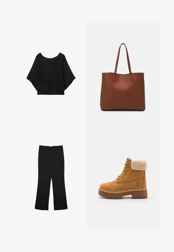 Černý pletený top s širokými rukávy, kulatým výstřihem a volným střihem. Tkanina má žebrovanou texturu, bez zapínání nebo vzorů.; Černé kalhoty s rovným střihem, s předními kapsami a bočními rozparky na lemu. Vyrobené z jemné, hladké tkaniny. Vhodné na různé příležitosti.; Světle hnědé semišové boty s límcem z umělé kožešiny, zlatými očky a kontrastní gumovou podrážkou. Na boku je logo a strukturovaný vzor podrážky.; Hnědá kožená taška přes rameno s hladkou texturou, otevřeným designem a dvěma ramenními popruhy. Obsahuje minimální švy a žádné viditelné kovové prvky.