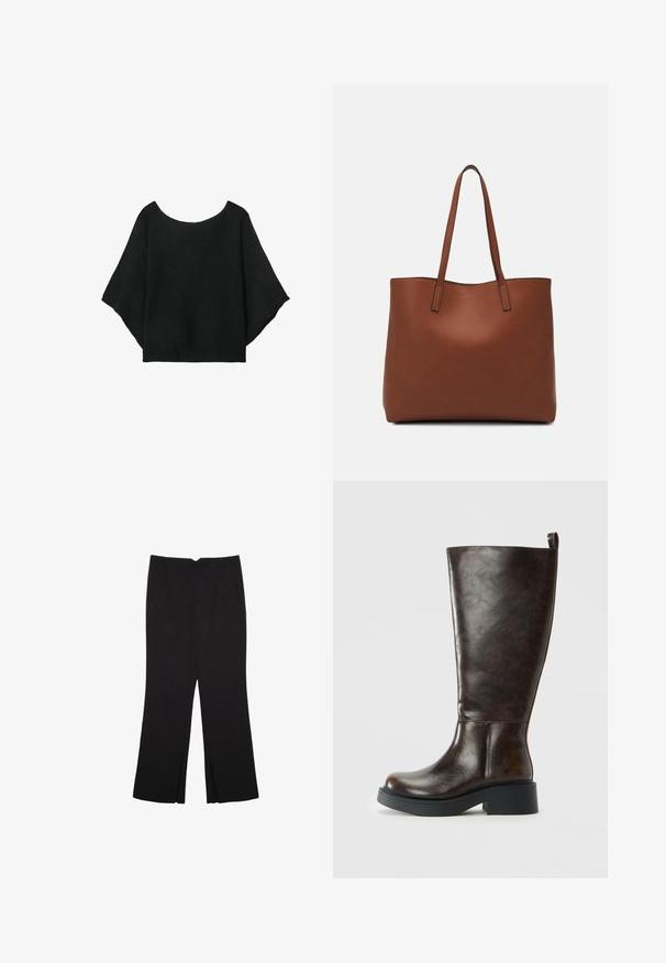 Črn pleteni top s širokimi rokavi, krojem z okroglo izrezano vratnim delom in sproščenim fitom. Tkanina ima rebrasto teksturo, brez zapiralk ali vzorcev.; Črne hlače ravnega kroja z naglavnimi žepi in stranskimi razporki na robu. Narejene iz mehke, gladke tkanine. Primerne za različne priložnosti.; Temno rjave usnjene škornje do kolen z zaobljenim nosom, debelim črnim podplatom, nizko blokasto peto in zanko na zadnjem delu vrha.; Rjava usnjena torba z gladko teksturo, odprto zasnovo zgoraj in dvema naramnima trakovoma. Opremljena je z minimalnim šivanjem in brez vidnih kovinskih delov.