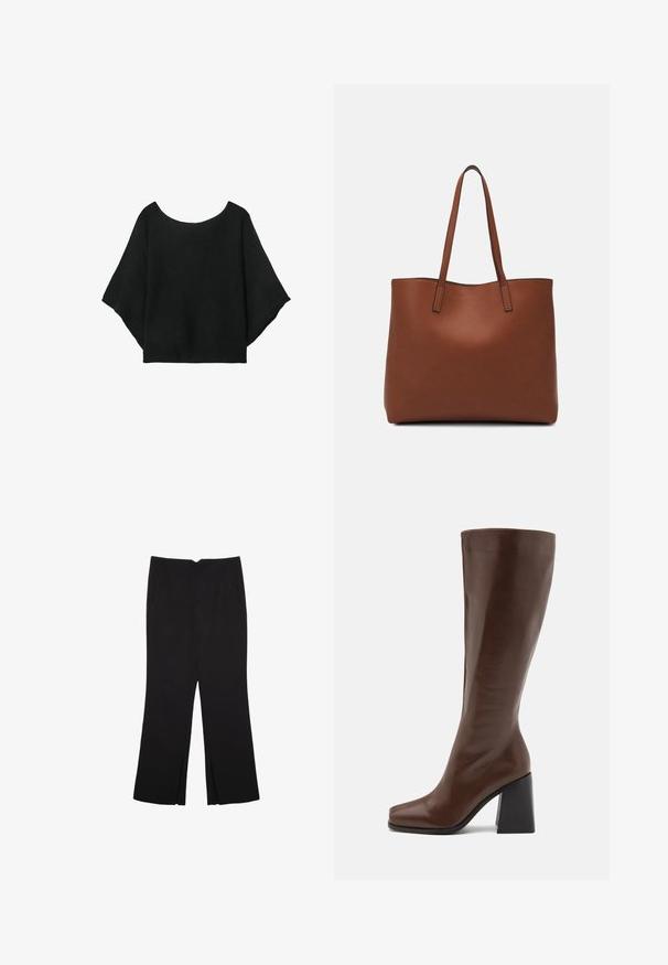 Čierny pletený top so širokými rukávmi, s okrúhlym výstrihom a voľným strihom. Tkanina má pruhovanú textúru, bez zapínania alebo vzorov.; Čierne nohavice so strihom rovného strihu, s prednými vreckami a bočnými rozparkami na leme. Vyrobené z mäkkej, hladkej tkaniny. Vhodné na rôzne príležitosti.; RAID RENZO - Čižmy - brown; Hnedá kožená taška na rameno s hladkou textúrou, otvoreným vrchom a dvoma ramenými popruhmi. Má minimálne šitia a žiadne viditeľné kovania.