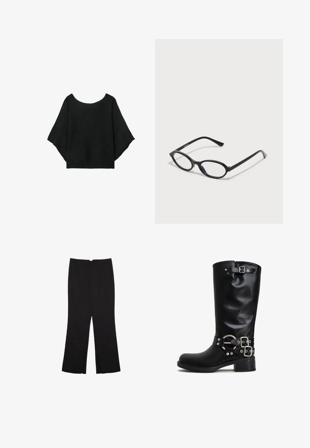 Schwarzes gestricktes Oberteil mit weit geschnittenen Ärmeln, einem runden Halsausschnitt und einer lockeren Passform. Der Stoff hat eine gerippte Textur, ohne Verschlüsse oder Muster.; Schwarze Hose mit geradem Schnitt, ausgestattet mit Fronttaschen und Seitenschlitzen am Saum. Hergestellt aus weichem, glattem Stoff. Geeignet für verschiedene Anlässe.; Schwarze knöchelhohe Stiefel aus glattem synthetischem Material. Mit silberfarbigen Schnallen und einem Akzentring. Robuster Blockabsatz.; Schwarze Brille mit ovalem Rahmen und durchscheinenden lila Akzenten auf den Gläsern. Der Rahmen hat eine matte Oberfläche und schlanke, gerade Bügel.
