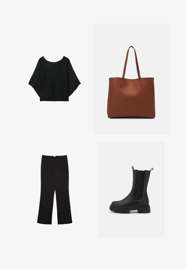 Černý pletený top s širokými rukávy, kulatým výstřihem a volným střihem. Tkanina má žebrovanou texturu, bez zapínání nebo vzorů.; Černé kalhoty s rovným střihem, s předními kapsami a bočními rozparky na lemu. Vyrobené z jemné, hladké tkaniny. Vhodné na různé příležitosti.; Černé chelsea boty vyrobené z kůže a elastického materiálu, s robustní gumovou podrážkou s výrazným vzorkem a s poutky pro snadné obouvání.; Hnědá kožená taška přes rameno s hladkou texturou, otevřeným designem a dvěma ramenními popruhy. Obsahuje minimální švy a žádné viditelné kovové prvky.