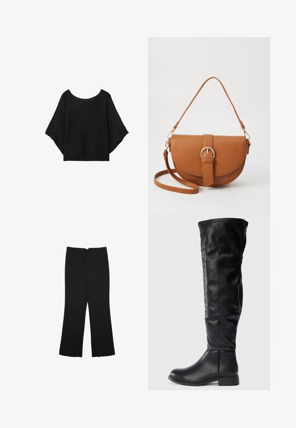 Crna pletena majica s širokim rukavima, izrezom u obliku suze i opuštenim krojem. Tkanina ima rebrastu teksturu, bez kopčanja ili uzoraka.; Crne hlače ravnog kroja, s prednjim džepovima i bočnim prorezima na rubu. Izrađene od mekog i glatkog materijala. Pogodne za razne prigode.; Crne čizmice do koljena izrađene od glatke kože, s okruglim prstom, niskom blok petom i blago opuštenim okvirom s detaljima šivanja.; Smeđa kožna torba preko tijela s zakrivljenim oblikom, zlatnim metalnim detaljima i naglaskom na kopču. Ima odvojivu naramenicu.
