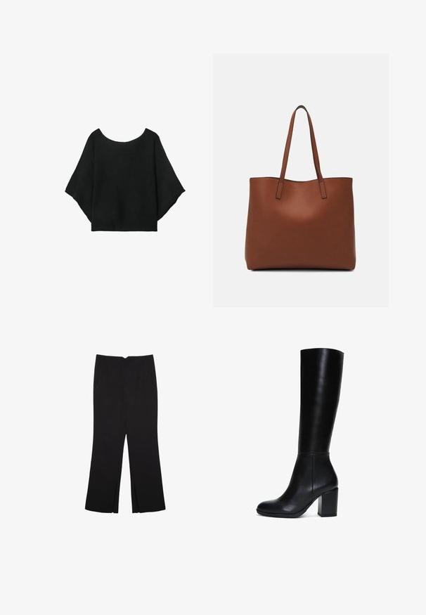 Czarna dzianinowa bluzka z szerokimi rękawami, okrągłym dekoltem i luźnym krojem. Tkanina ma prążkowaną fakturę, bez zapięć lub wzorów.; Czarne spodnie o prostym kroju, z przednimi kieszeniami i bocznymi rozcięciami na dole. Wykonane z miękkiego, gładkiego materiału. Odpowiednie na różne okazje.; Czarne skórzane kozaki do kolan o gładkiej fakturze, zaokrąglonym nosku i kwadratowym obcasie. Oferują minimalne detale i elegancki design.; Brązowa skórzana torba tote o gładkiej fakturze, z otwartym wierzchem i dwoma ramiączkami. Charakteryzuje się minimalnym przeszyciem i brakiem widocznych elementów metalowych.