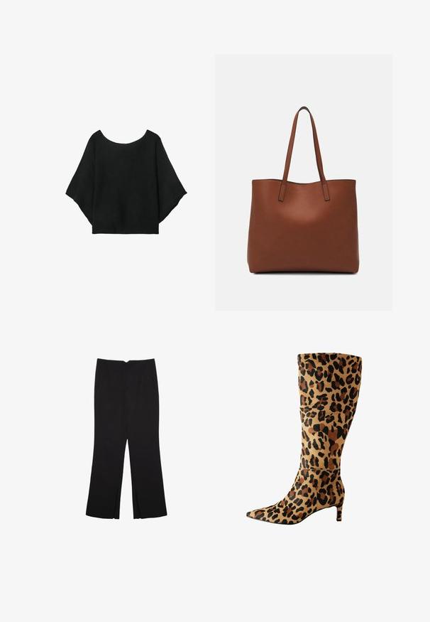 Musta neulepaita, jossa on leveät hihat, pyöreä pääntie ja rento istuvuus. Kankaassa on ribbitekstuuria, ilman kiinnityksiä tai kuvioita.; Mustat housut suoralinjaisella leikkauksella, joissa on etutaskut ja sivurei'ät helman alla. Valmistettu pehmeästä ja sileästä kankaasta. Sopii eri tilaisuuksiin.; Saappaankorkeus leopardi-kuosisesta pehmeästä materiaalista, teräväkärkinen ja matalalla korolla, jossa on voimakas musta ja ruskea pilkkuidka.; Ruskea nahkainen olkalaukku, jossa on sileä pinta, avoin yläosa ja kaksi olkahihnaa. Omaavat vain minimaalisen ompelun eikä näkyvää metalliosaa.