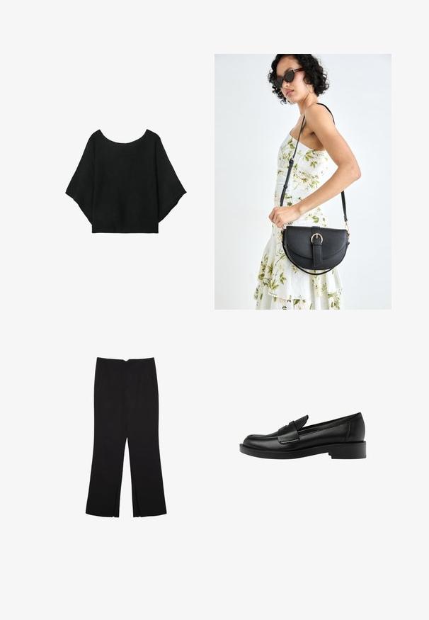 Top nero a maglia con maniche larghe, scollatura a girocollo e vestibilità morbida. Il tessuto ha una texture a coste, senza chiusure né motivi.; Pantaloni neri a gamba dritta, con tasche frontali e spacchi laterali all'orlo. Realizzati in tessuto morbido e liscio. Adatti a diverse occasioni.; Mocassino in pelle nera con punta arrotondata, caratterizzato da un'importante cucitura sul davanti e un tacco basso per garantire stabilità.; Borsa a tracolla nera in pelle con una forma curva, manico rimovibile e accessori dorati. La borsa presenta una patta con un dettaglio a fibbia.