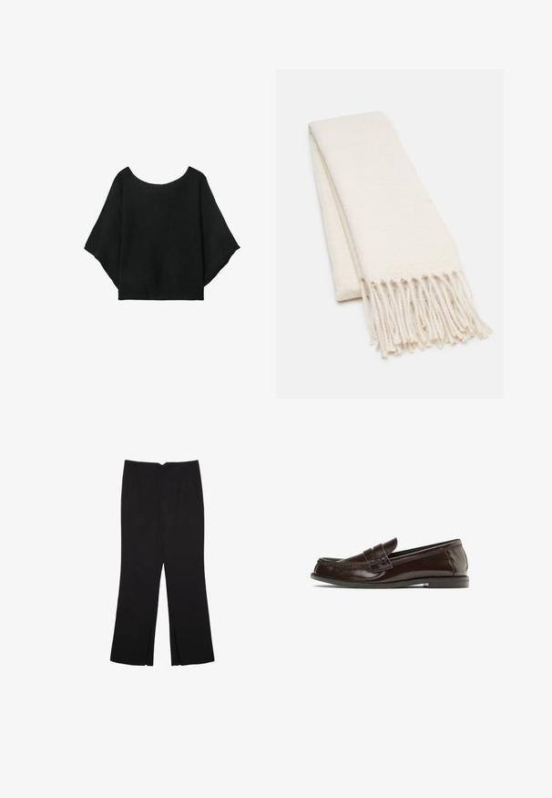 Black knitted top with wide sleeves, a scoop neckline, and a relaxed fit. Fabric has a ribbed texture, with no fasteners or patterns.; Black trousers with a straight fit, featuring front pockets and side slits at the hem. Made of soft, smooth fabric. Suitable for various occasions.; Brown leather loafer with a stitched detailing across the vamp, a low heel, and a smooth finish. Subtle texture enhances its polished appearance.; White scarf with a textured pattern, featuring fringed ends. Material appears soft and lightweight, folded neatly for display.