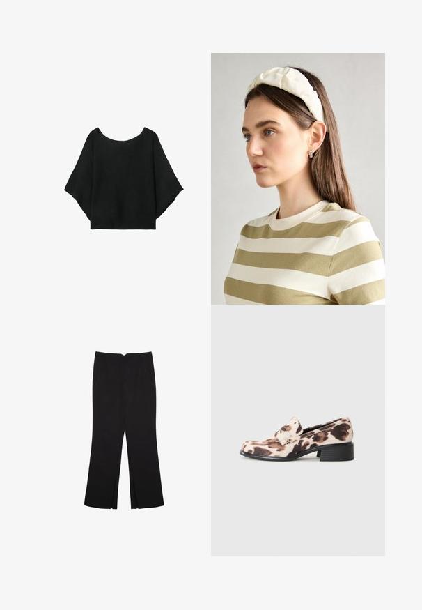 Schwarzes gestricktes Oberteil mit weit geschnittenen Ärmeln, einem runden Halsausschnitt und einer lockeren Passform. Der Stoff hat eine gerippte Textur, ohne Verschlüsse oder Muster.; Schwarze Hose mit geradem Schnitt, ausgestattet mit Fronttaschen und Seitenschlitzen am Saum. Hergestellt aus weichem, glattem Stoff. Geeignet für verschiedene Anlässe.; Niedrigabsatz-Lederloafer mit schwarzem gestapeltem Absatz, Obermaterial aus beige-braunem Tierdruckstoff und dekorativem Riemen über dem Spann.; Cremfarbener gepolsterter Haarreif mit gedrehtem Design, kombiniert mit einem beigen und weißen gestreiften Shirt mit rundem Halsausschnitt. Dezente Schmuckakzente.