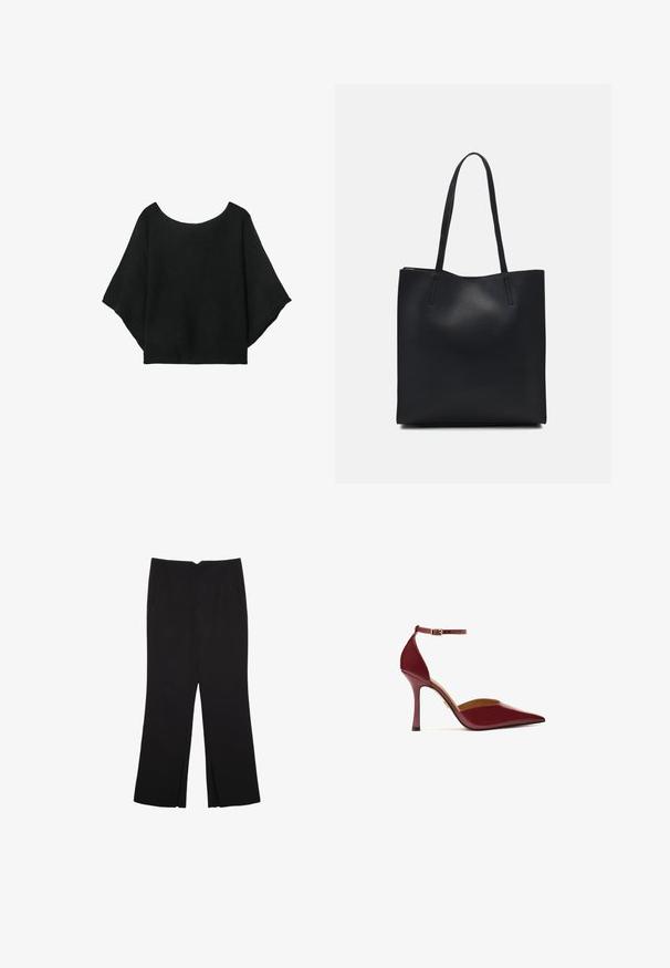 Črn pleteni top s širokimi rokavi, krojem z okroglo izrezano vratnim delom in sproščenim fitom. Tkanina ima rebrasto teksturo, brez zapiralk ali vzorcev.; Črne hlače ravnega kroja z naglavnimi žepi in stranskimi razporki na robu. Narejene iz mehke, gladke tkanine. Primerne za različne priložnosti.; Burgundske čevlje na peto z visokim petam, sijoča površina, koničast nos, zaponka okoli gležnja z zlatim sponko in tanek stiletto peto.; Črna usnjena torba s svilnato teksturo, pravokotne oblike in dvema dolgima ročajema. Brez vidnih metalnih delov ali okrasnih elementov.