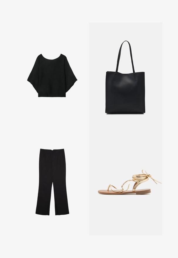 Crna pletena majica s širokim rukavima, izrezom u obliku suze i opuštenim krojem. Tkanina ima rebrastu teksturu, bez kopčanja ili uzoraka.; Crne hlače ravnog kroja, s prednjim džepovima i bočnim prorezima na rubu. Izrađene od mekog i glatkog materijala. Pogodne za razne prigode.; Zlatne metalne sandale imaju usku podlogu, ukrasne remene i vezanje oko gležnja. Unutrašnjost je smeđe boje s glatkom teksturom.; Crna kožna torba za nošenje s glatkom teksturom, pravokutnim oblikom i dvije duge ručke. Nema vidljivih metalnih dijelova ili ukrasa.