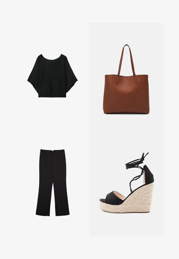 Schwarzes gestricktes Oberteil mit weit geschnittenen Ärmeln, einem runden Halsausschnitt und einer lockeren Passform. Der Stoff hat eine gerippte Textur, ohne Verschlüsse oder Muster.; Schwarze Hose mit geradem Schnitt, ausgestattet mit Fronttaschen und Seitenschlitzen am Saum. Hergestellt aus weichem, glattem Stoff. Geeignet für verschiedene Anlässe.; Schwarze Wildleder-Wedge-Sandalen mit einer geflochtenen Jute-Plattform, ausgestattet mit überkreuzten Knöchelriemen und einem offenen Zehendesign.; Braune Leder-Tote mit glatter Textur, offenem Oberteil und zwei Schulterriemen. Verfügt über minimale Nähte und keine sichtbaren Beschläge.