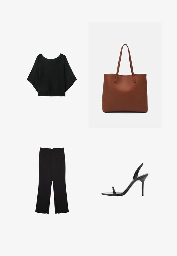 Černý pletený top s širokými rukávy, kulatým výstřihem a volným střihem. Tkanina má žebrovanou texturu, bez zapínání nebo vzorů.; Černé kalhoty s rovným střihem, s předními kapsami a bočními rozparky na lemu. Vyrobené z jemné, hladké tkaniny. Vhodné na různé příležitosti.; Černé sandály na vysokém podpatku s špičatou špičkou, tenkým páskem a designem s kotníkovým páskem. Vyrobené z lesklého materiálu, s malým zdobením přezkou.; Hnědá kožená taška přes rameno s hladkou texturou, otevřeným designem a dvěma ramenními popruhy. Obsahuje minimální švy a žádné viditelné kovové prvky.