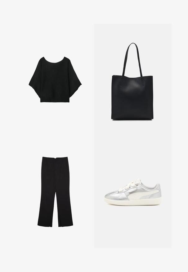 Čierny pletený top so širokými rukávmi, s okrúhlym výstrihom a voľným strihom. Tkanina má pruhovanú textúru, bez zapínania alebo vzorov.; Čierne nohavice so strihom rovného strihu, s prednými vreckami a bočnými rozparkami na leme. Vyrobené z mäkkej, hladkej tkaniny. Vhodné na rôzne príležitosti.; Strieborné metalické tenisky obsahujúce biele akcenty, hladký syntetický vrch, šnurovanie vpredu a textúrovanú gumovú podrážku. Logo PUMA na strane.; Čierna kožená taška na rameno s hladkým povrchom, obdĺžnikovým tvarom a dvoma dlhými uchami. Bez viditeľného kovania alebo ozdôb.